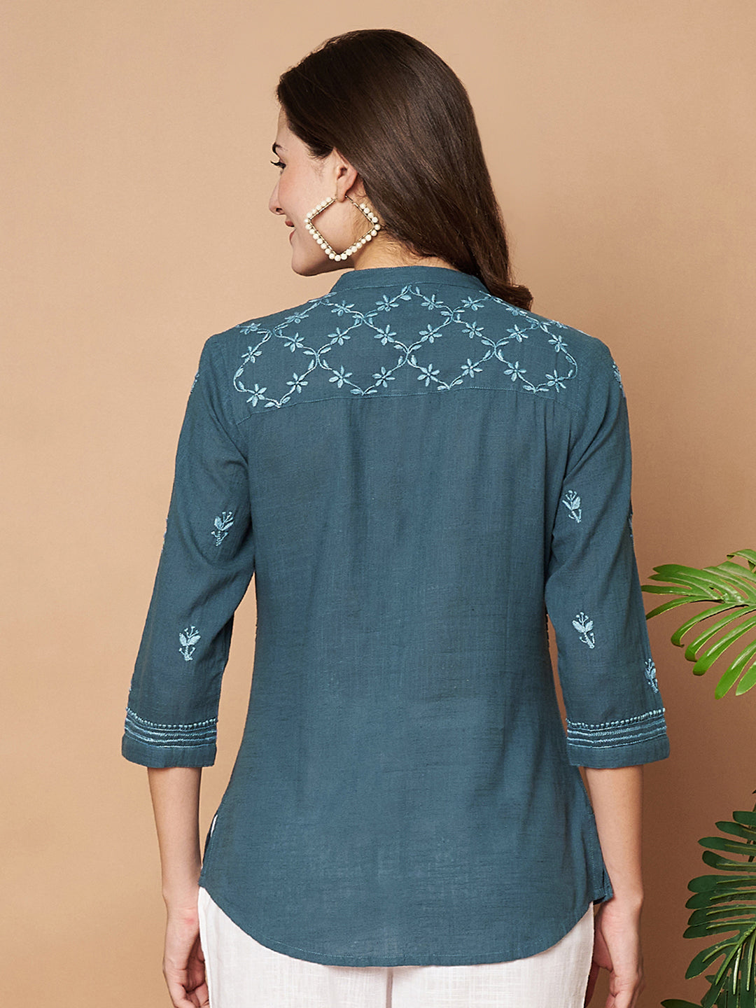 Teal Chikankari Hand-embroidered Shirt