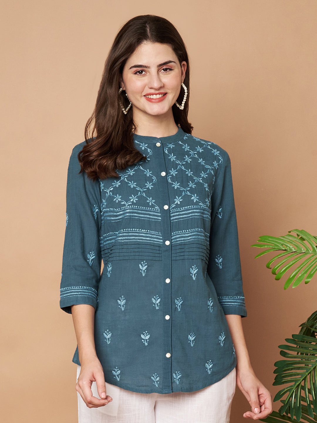 Teal Chikankari Hand-embroidered Shirt