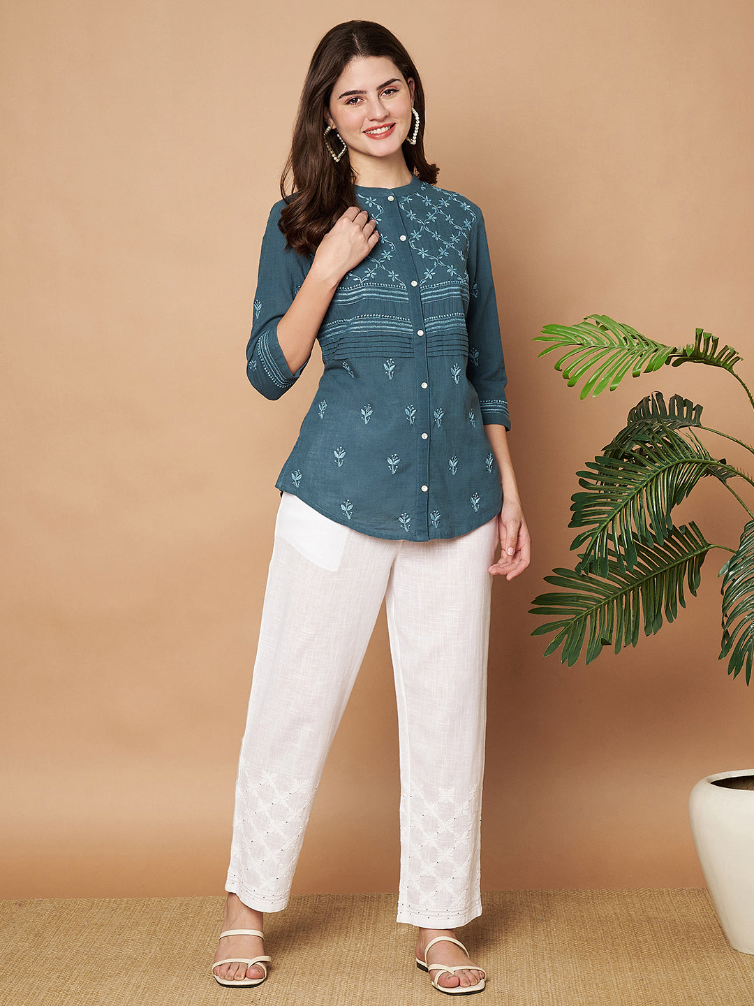 Teal Chikankari Hand-embroidered Shirt