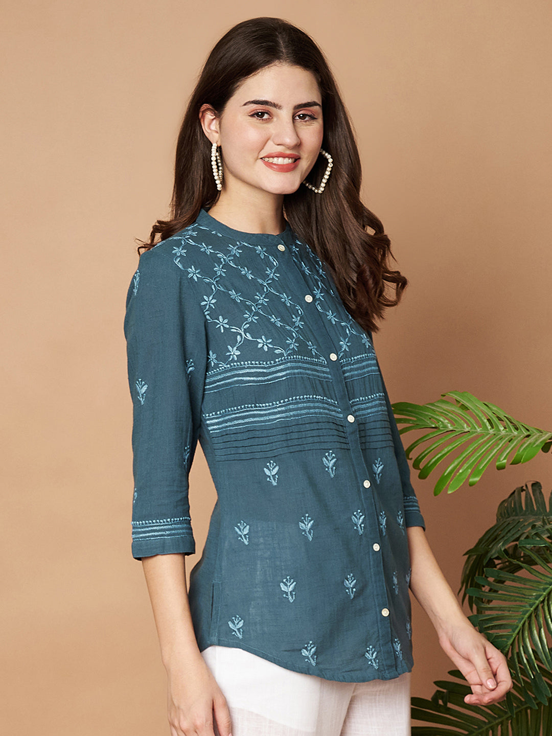 Teal Chikankari Hand-embroidered Shirt