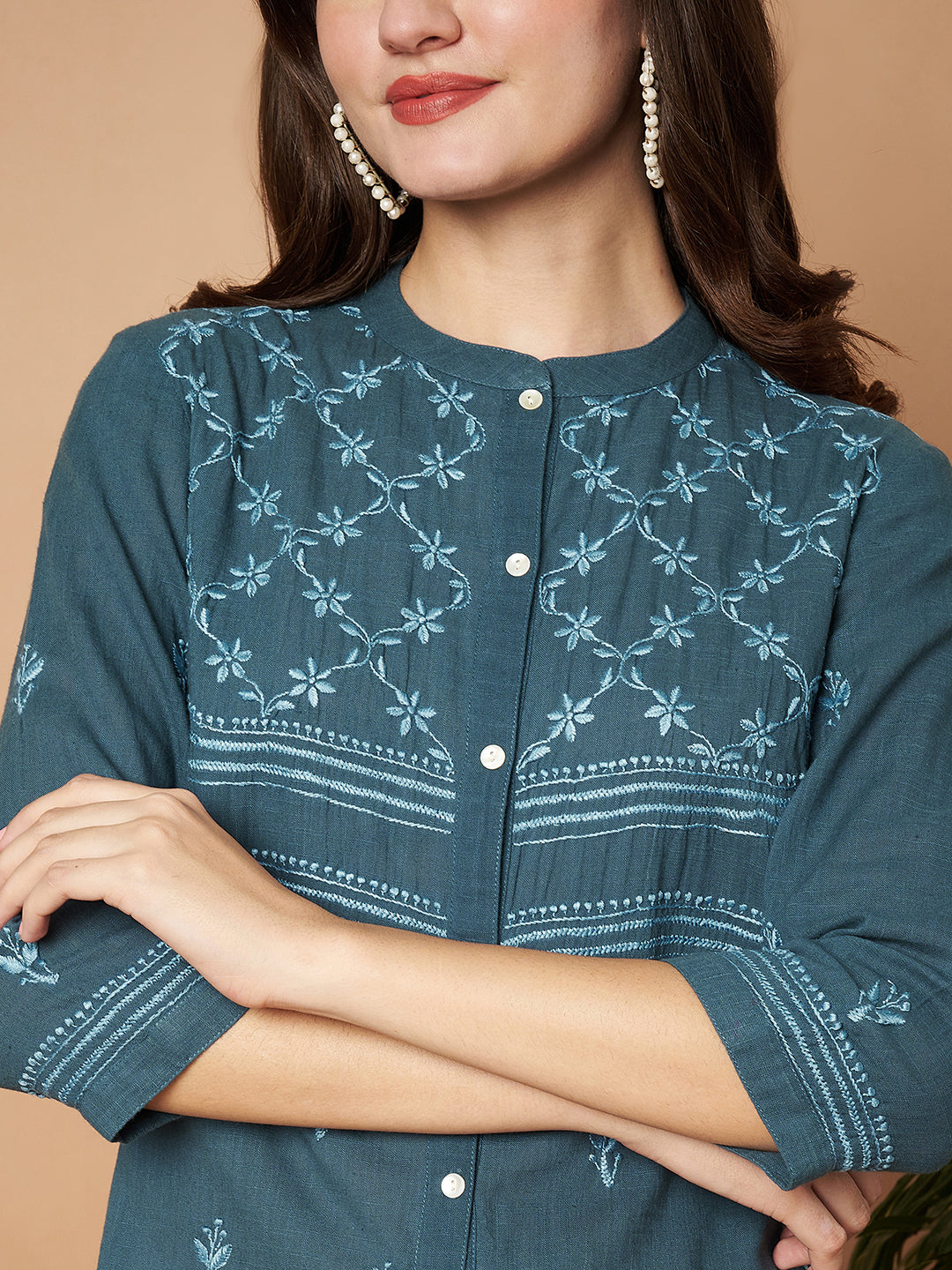 Teal Chikankari Hand-embroidered Shirt