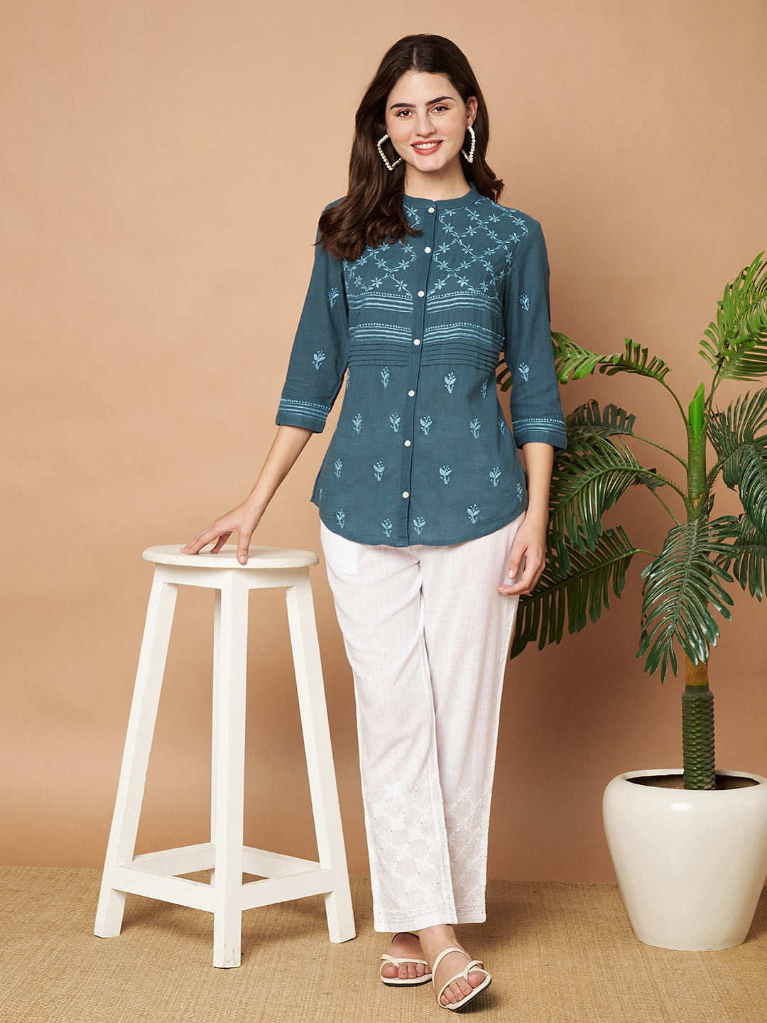Teal Chikankari Hand-embroidered Shirt
