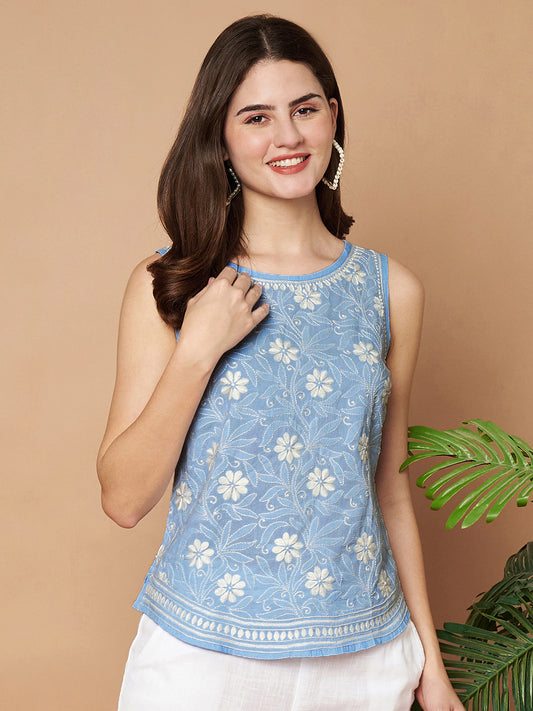 Sky Blue Handcrafted Sleeveless Chikankari Top