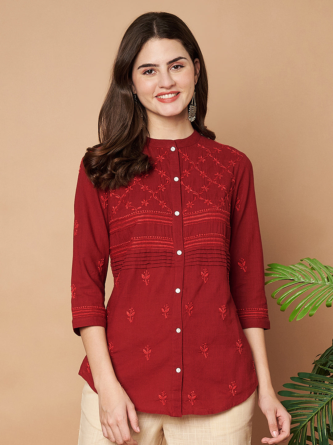Maroon Hand-embroidered Chikankari Shirt