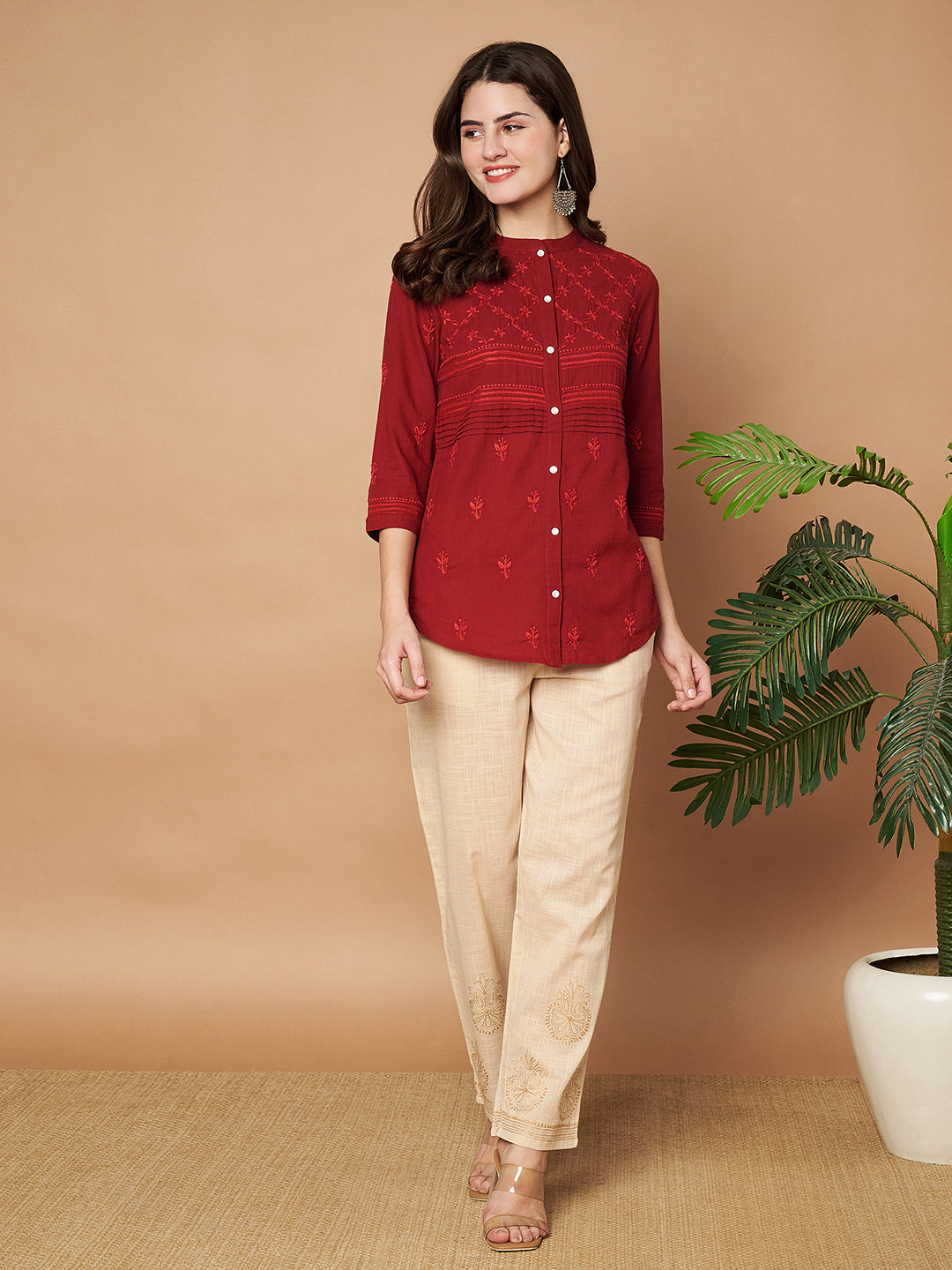 Maroon Hand-embroidered Chikankari Shirt