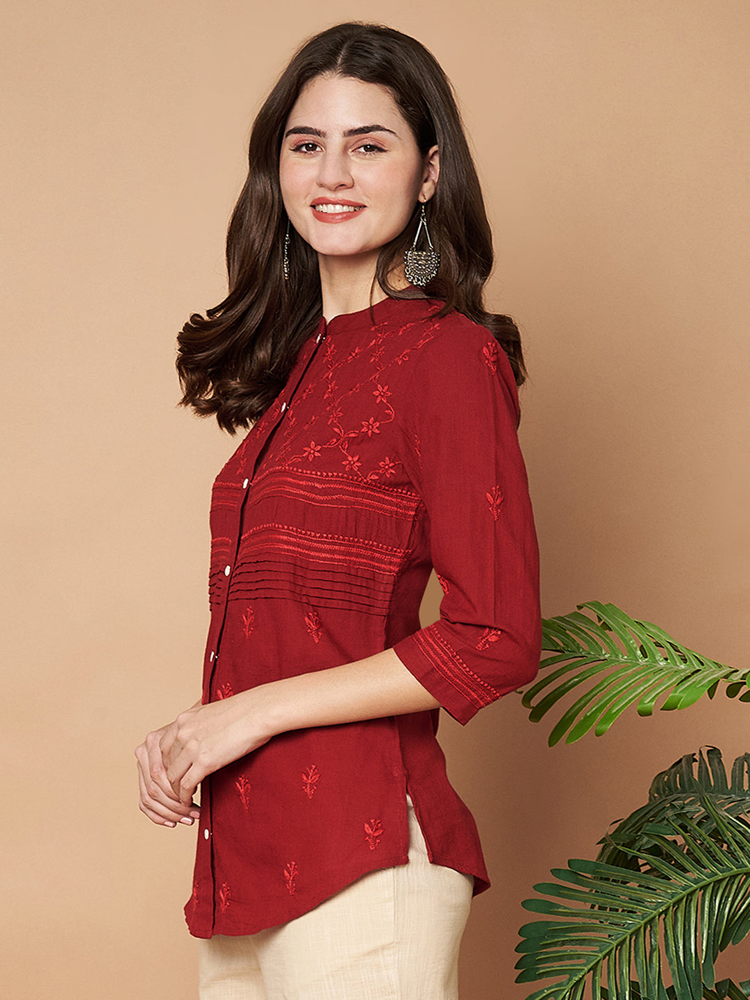 Maroon Hand-embroidered Chikankari Shirt