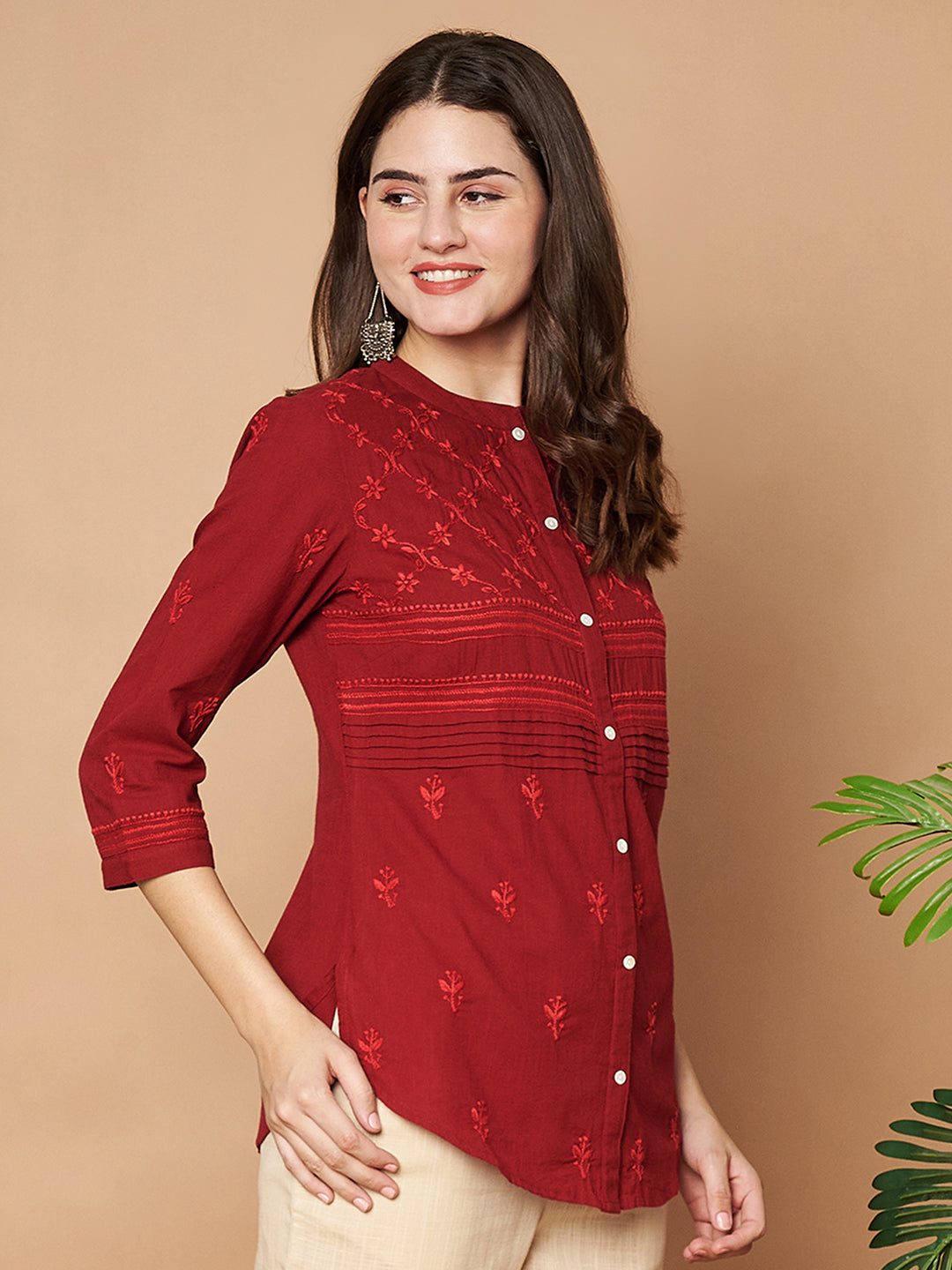 Maroon Hand-embroidered Chikankari Shirt