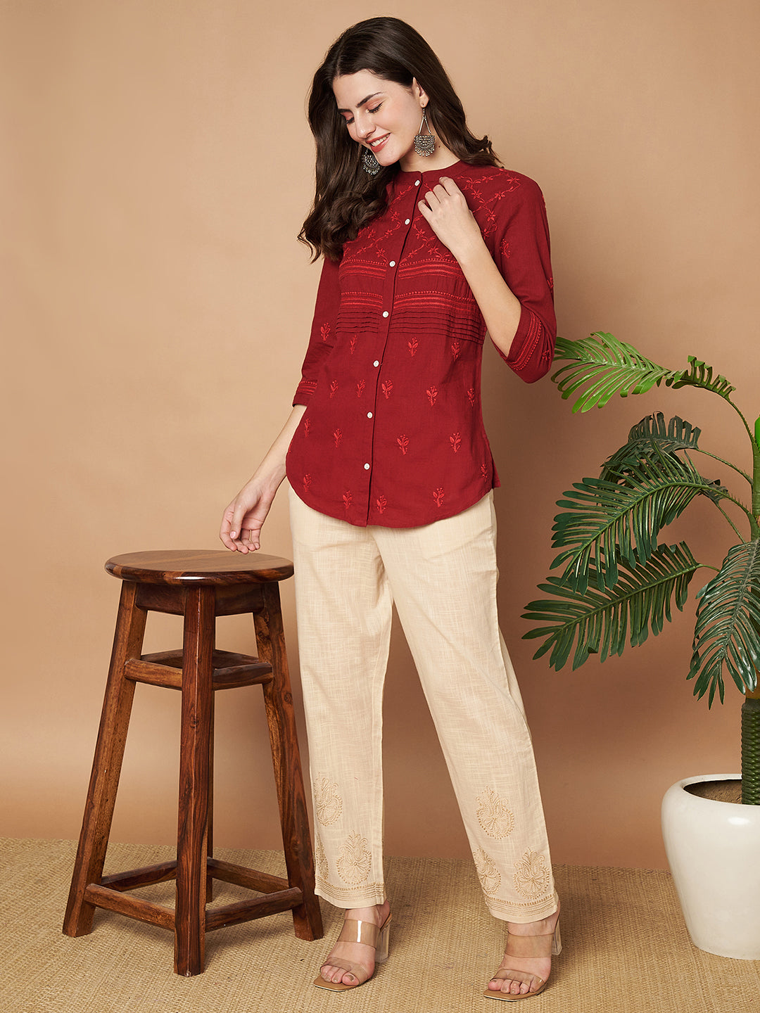 Maroon Hand-embroidered Chikankari Shirt