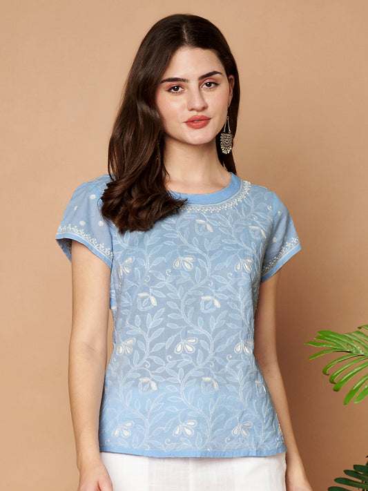 Sky Blue Chikankari Short Top