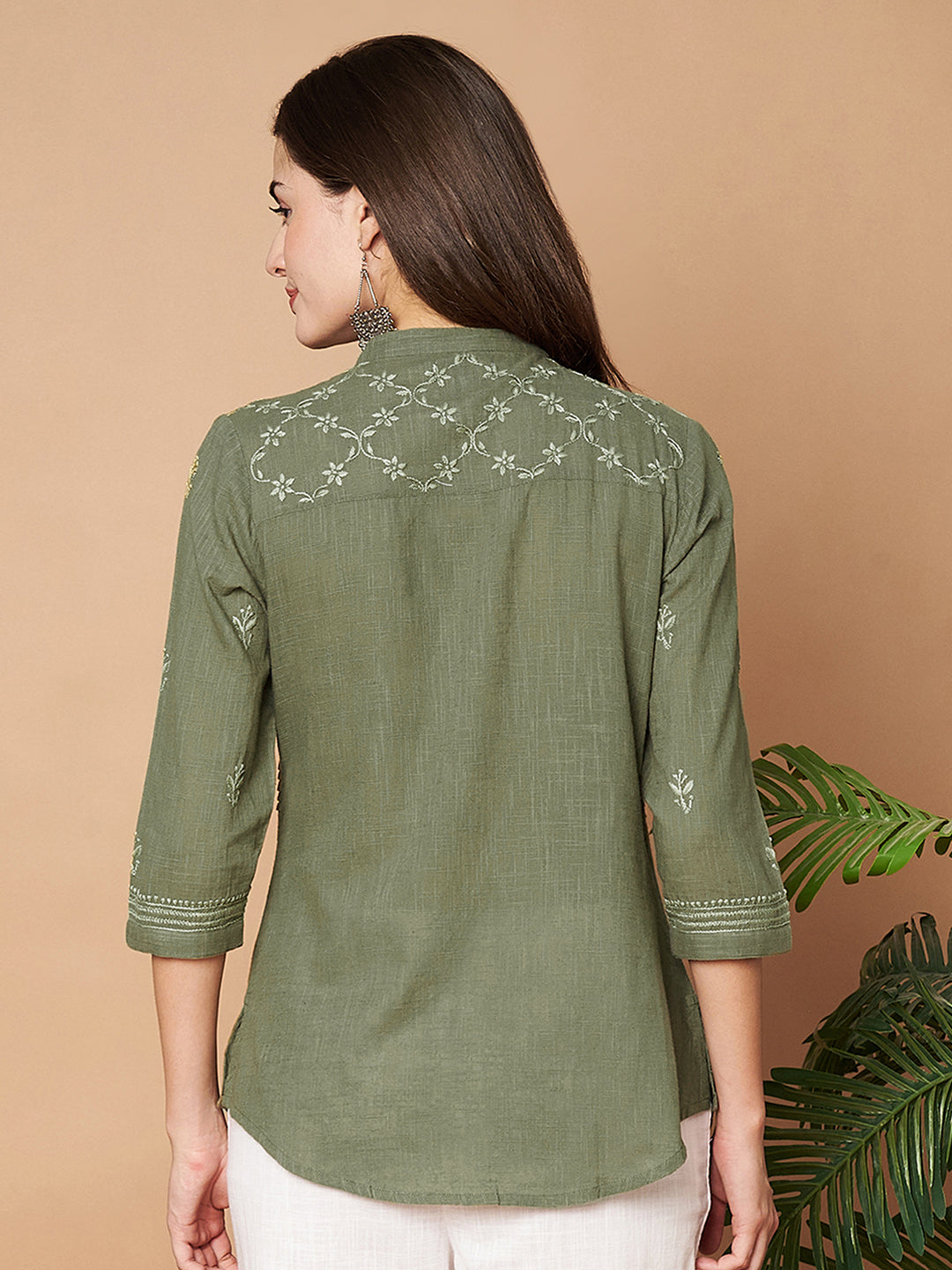 Olive Hand-embroidered Chikankari Shirt
