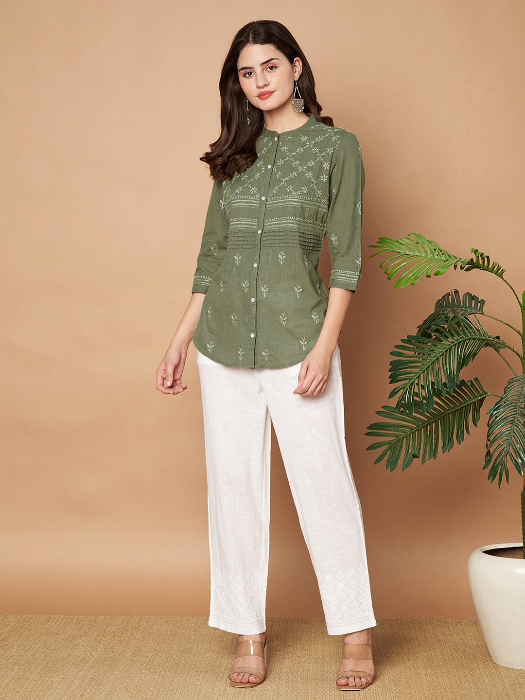 Olive Hand-embroidered Chikankari Shirt