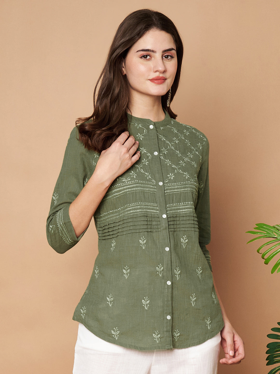 Olive Hand-embroidered Chikankari Shirt