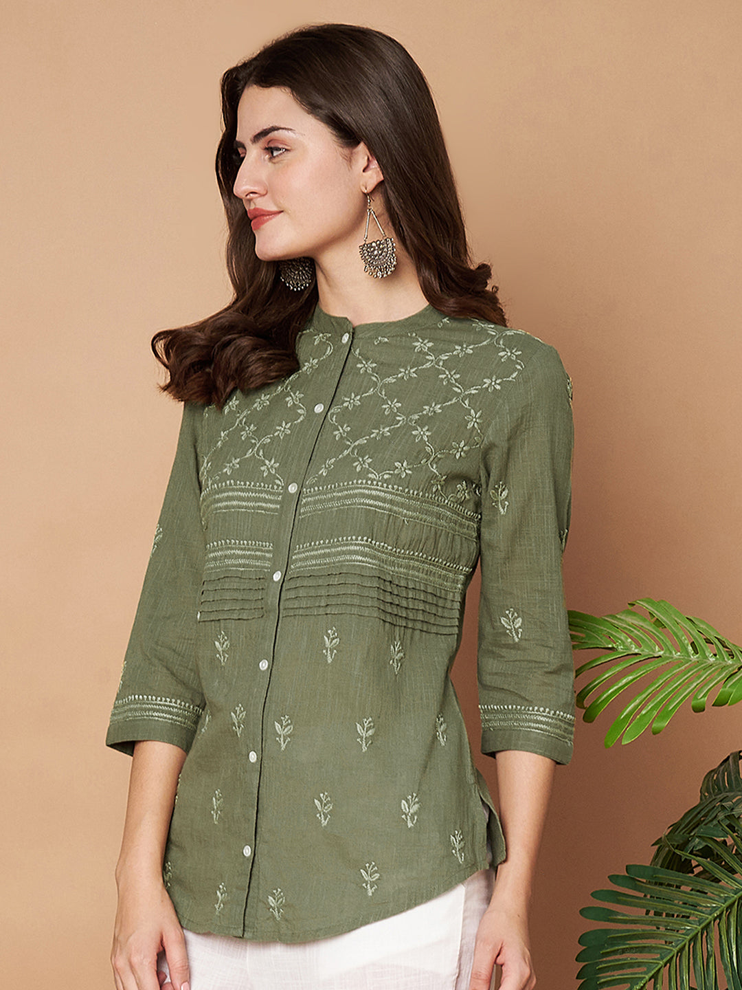 Olive Hand-embroidered Chikankari Shirt