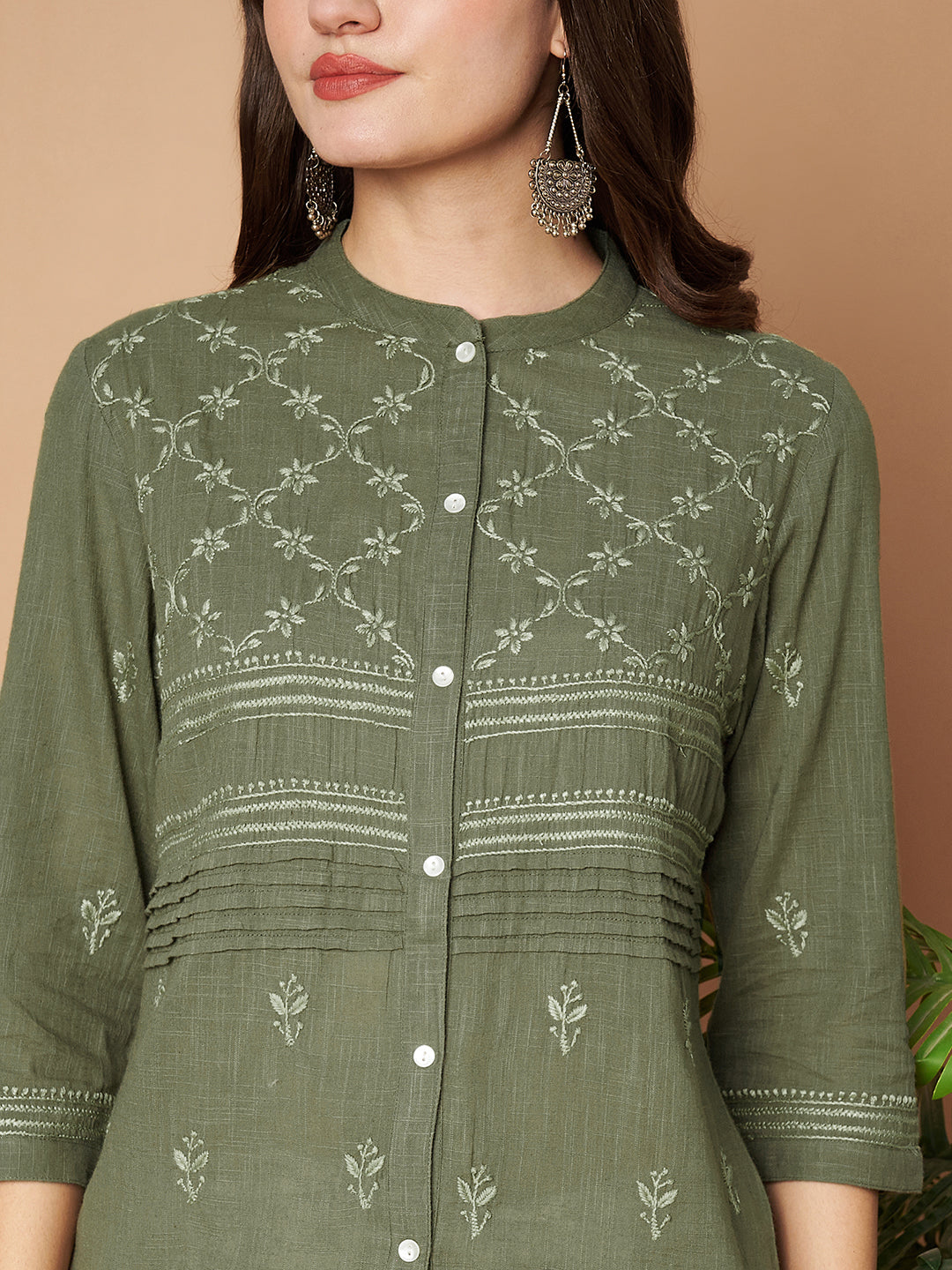 Olive Hand-embroidered Chikankari Shirt