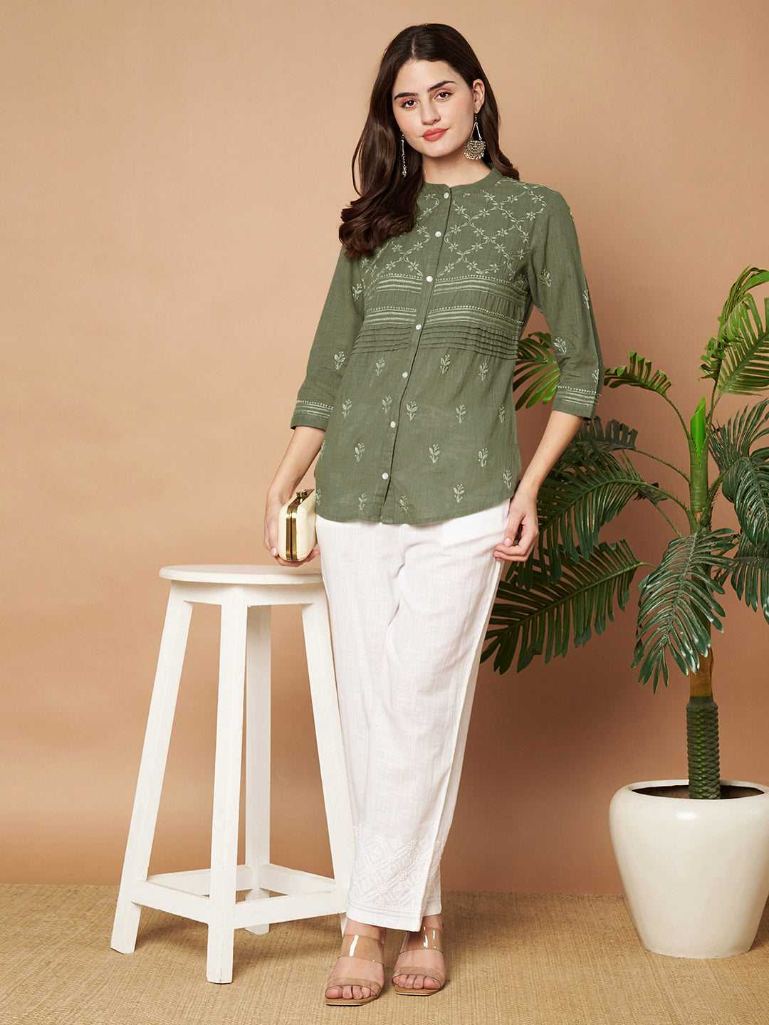 Olive Hand-embroidered Chikankari Shirt