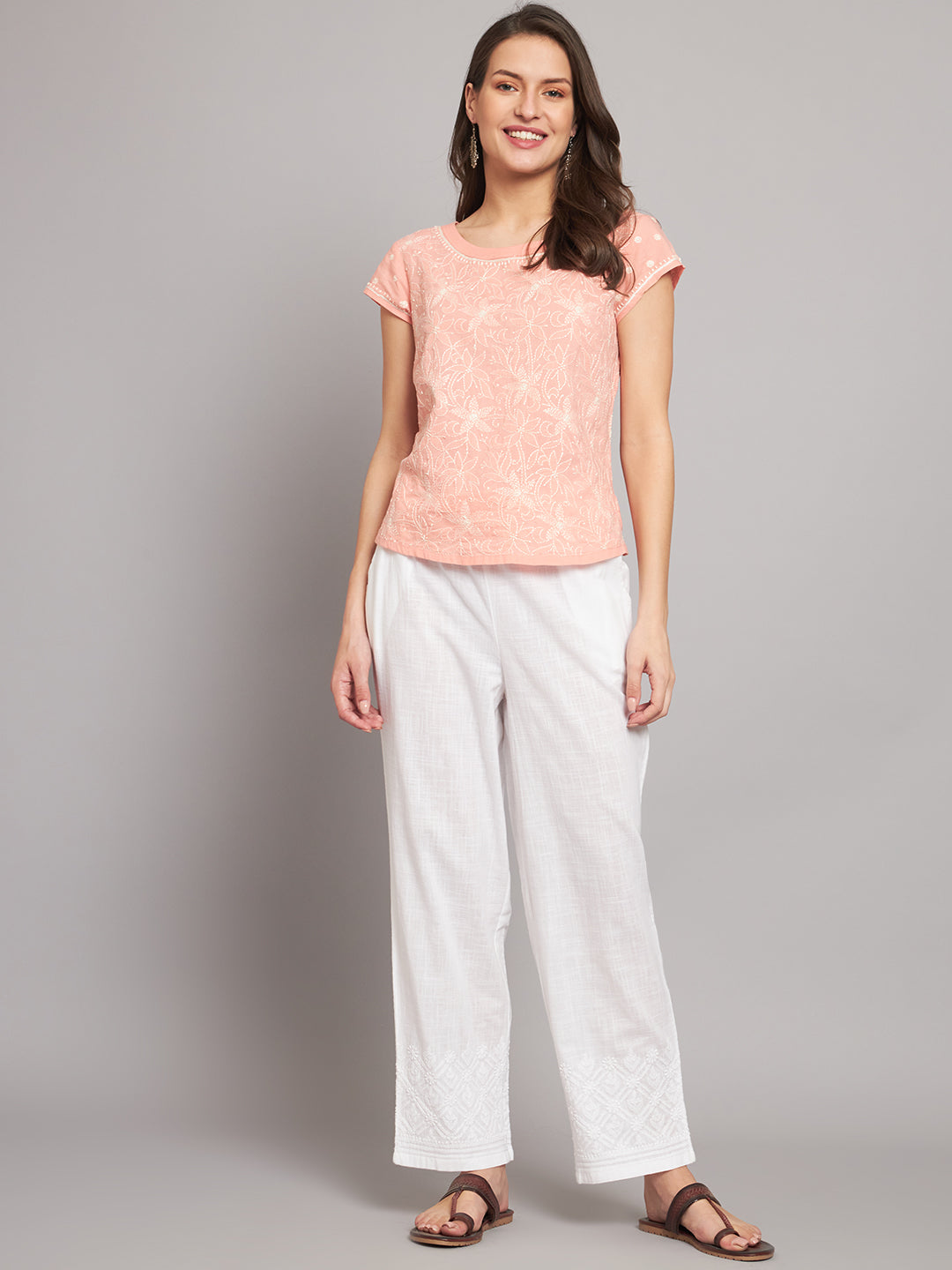 Peach Cotton Chikankari Short Top