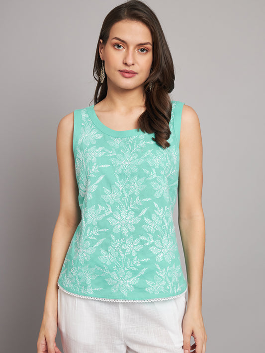 CMTP266BU  Blue Cotton Tepchi Embroidered Boat-Neck Top
