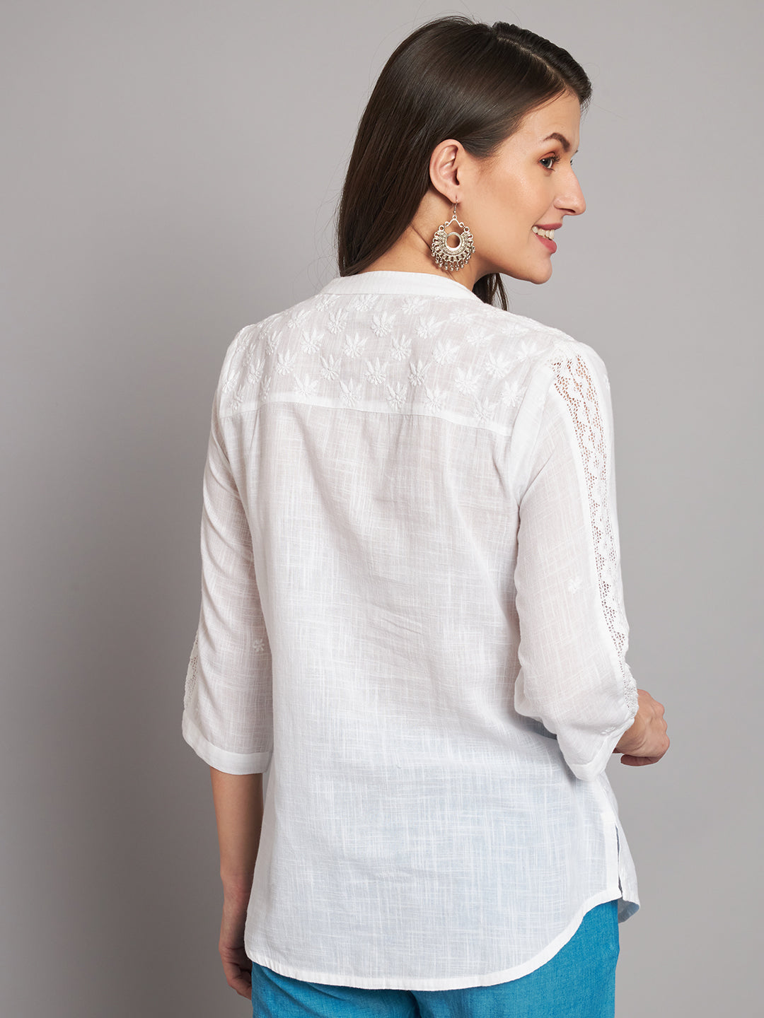 White Chikankari Shirt with Lace Inserts
