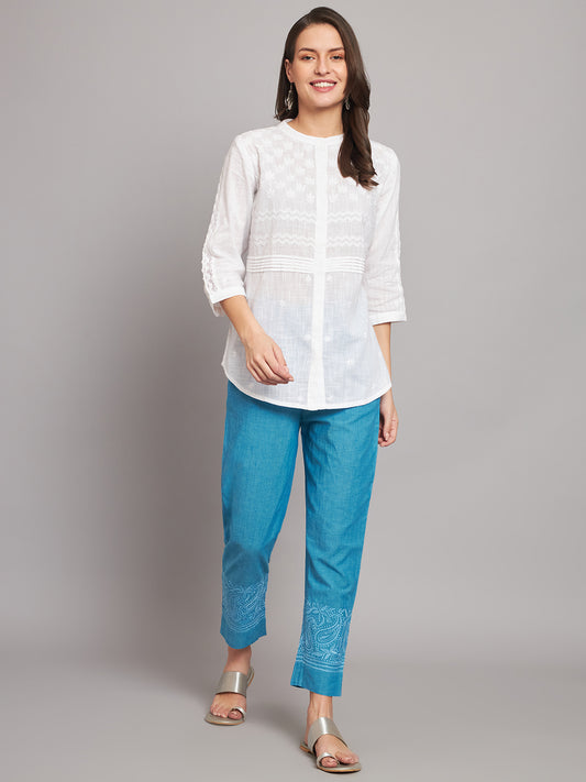 SLTP268WH White Chikankari Shirt with Lace Inserts