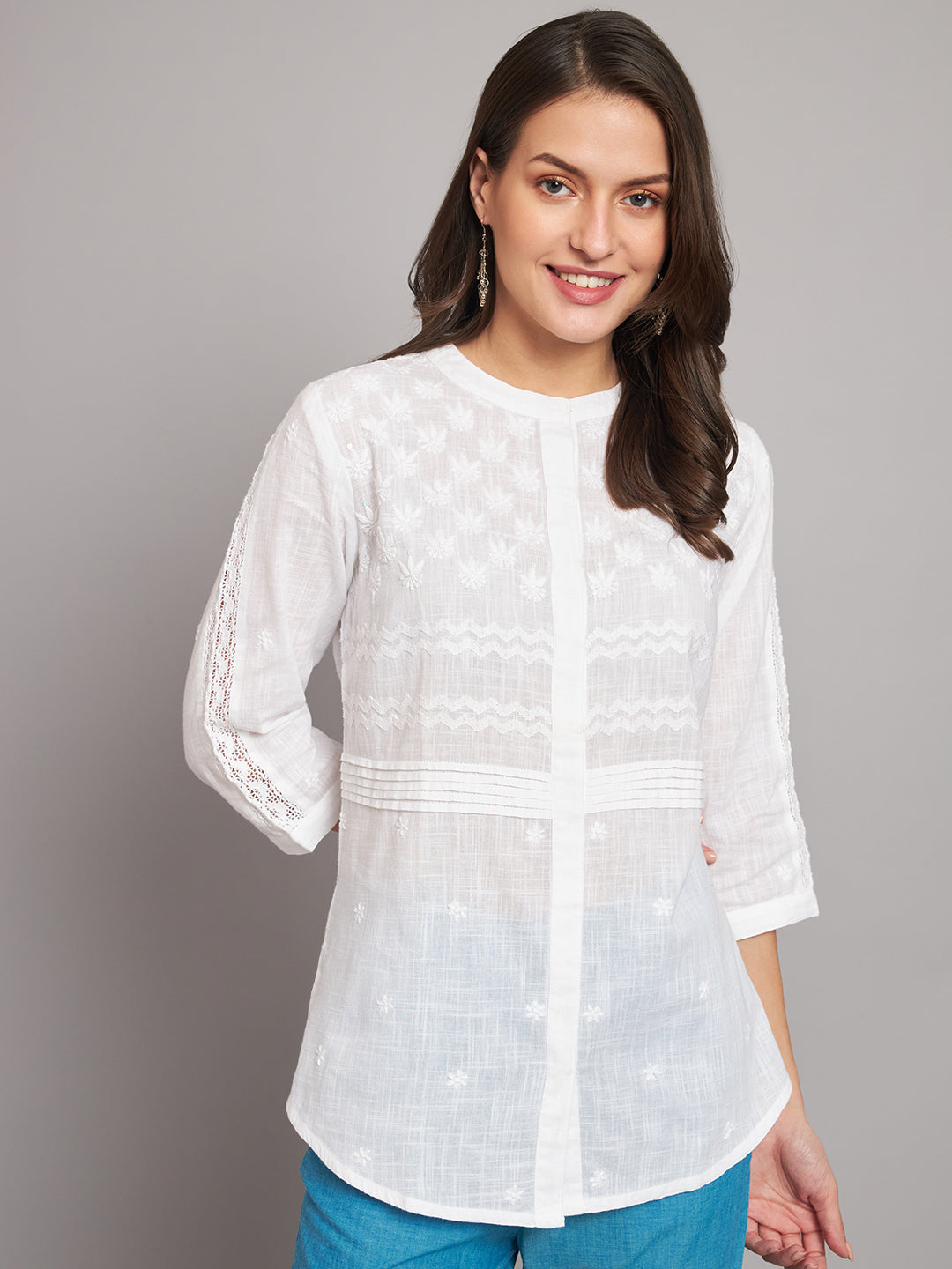 White Chikankari Shirt with Lace Inserts