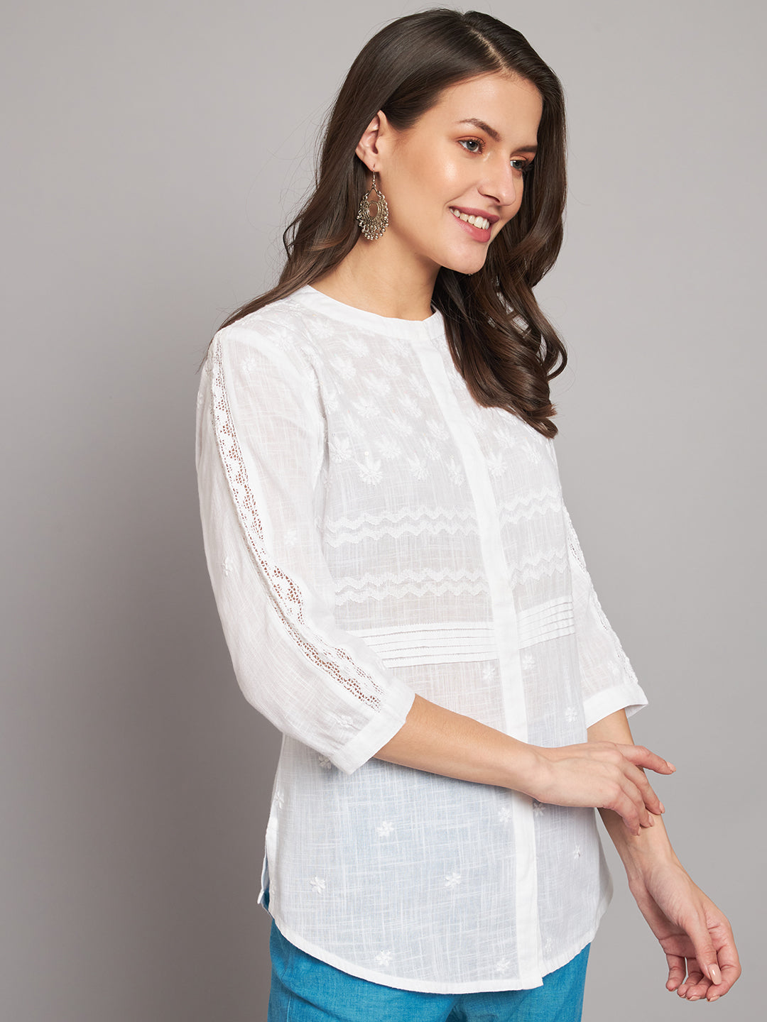 White Chikankari Shirt with Lace Inserts