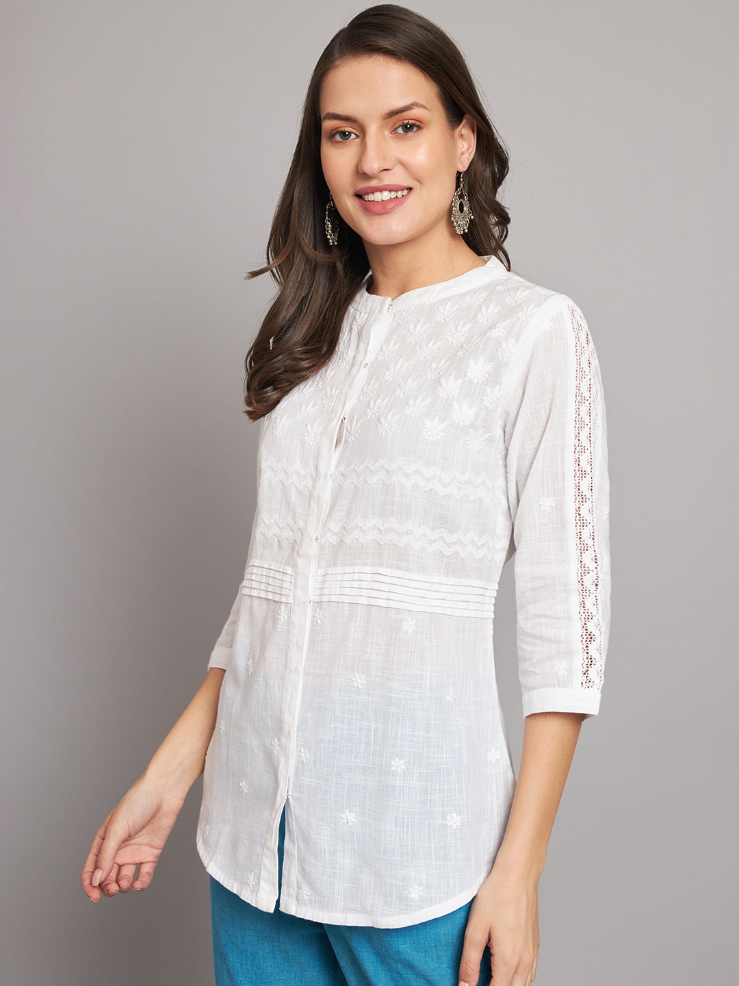 White Chikankari Shirt with Lace Inserts