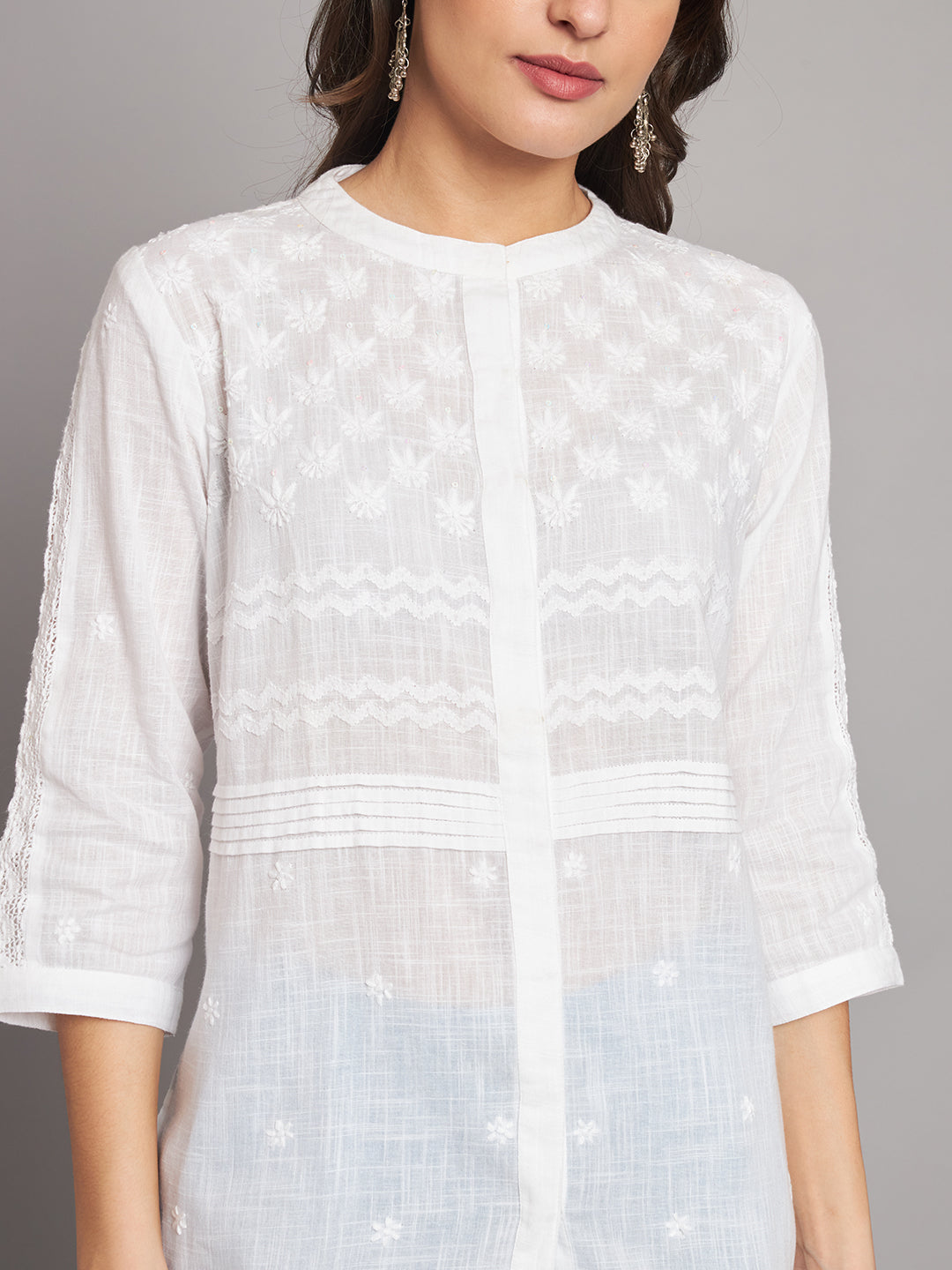 White Chikankari Shirt with Lace Inserts