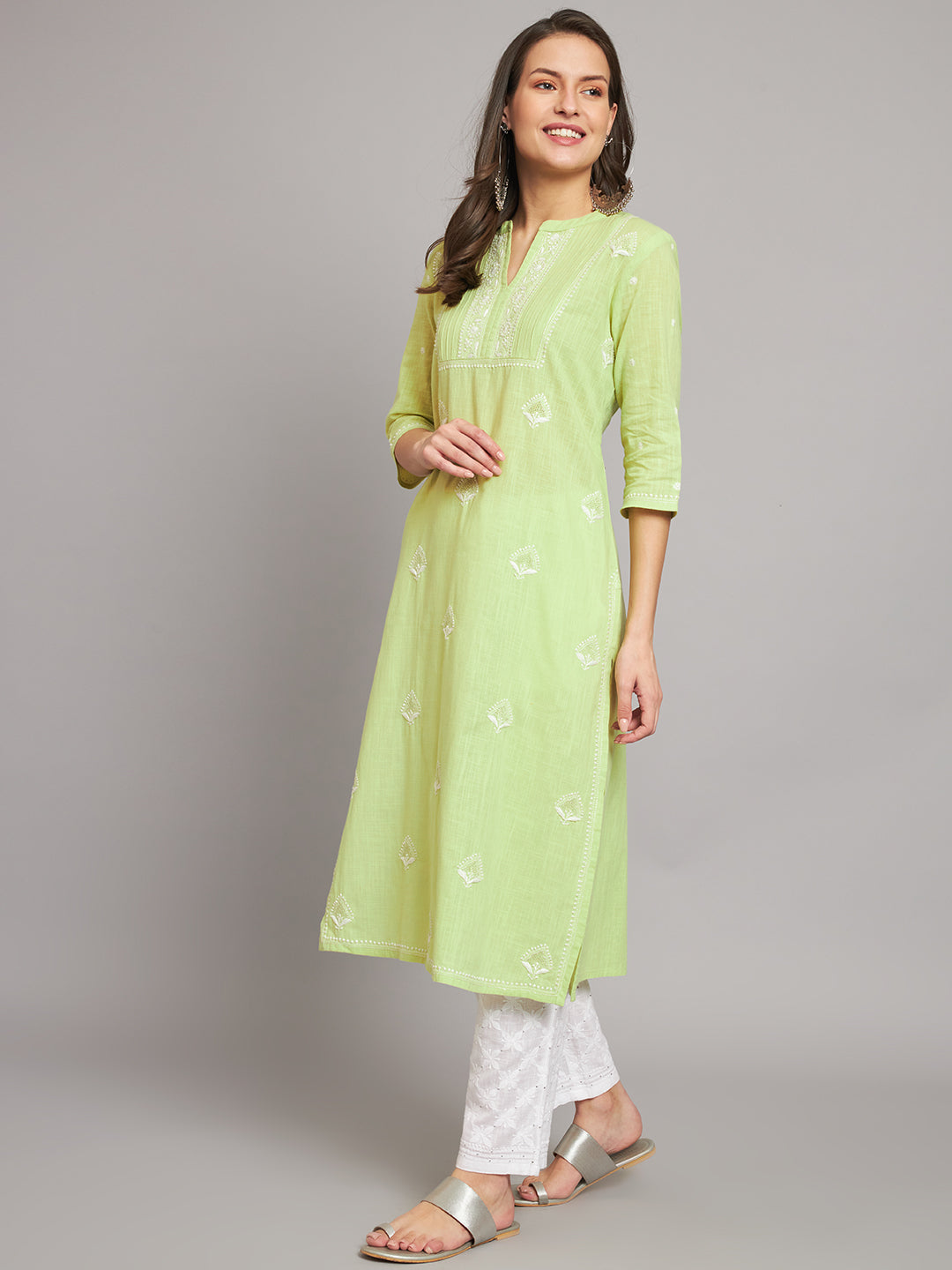 Green Mangalgiri Chikankari Straight Kurta