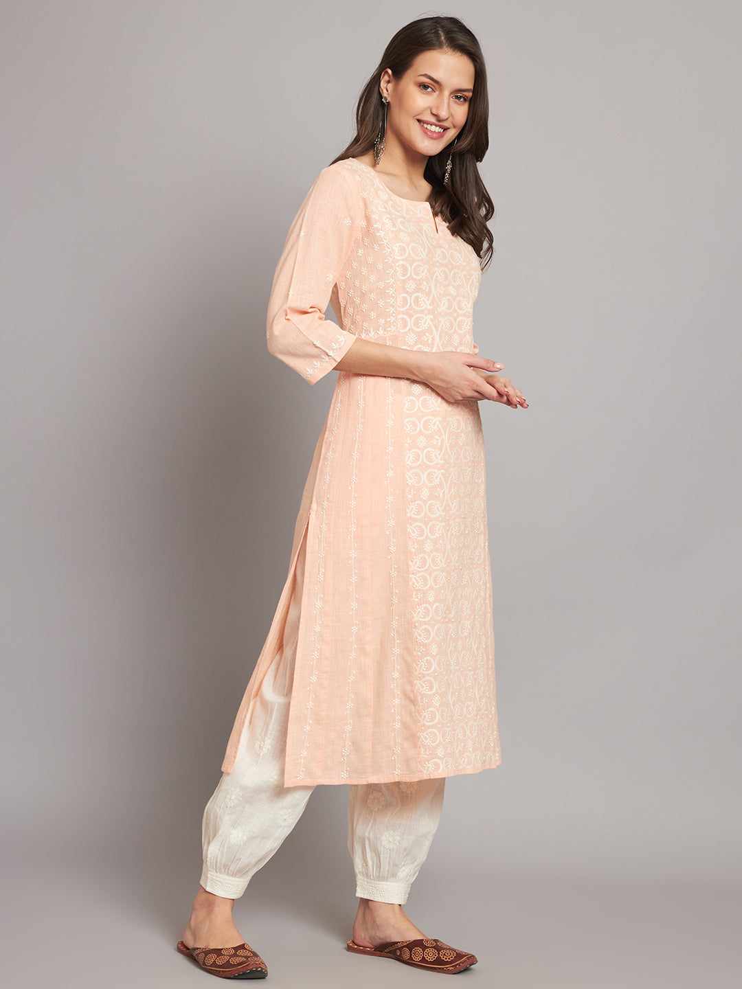 Peach A-line Chikankari Kurta