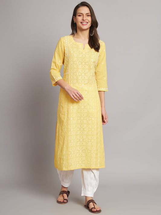Yellow A-line Chikankari Kurta