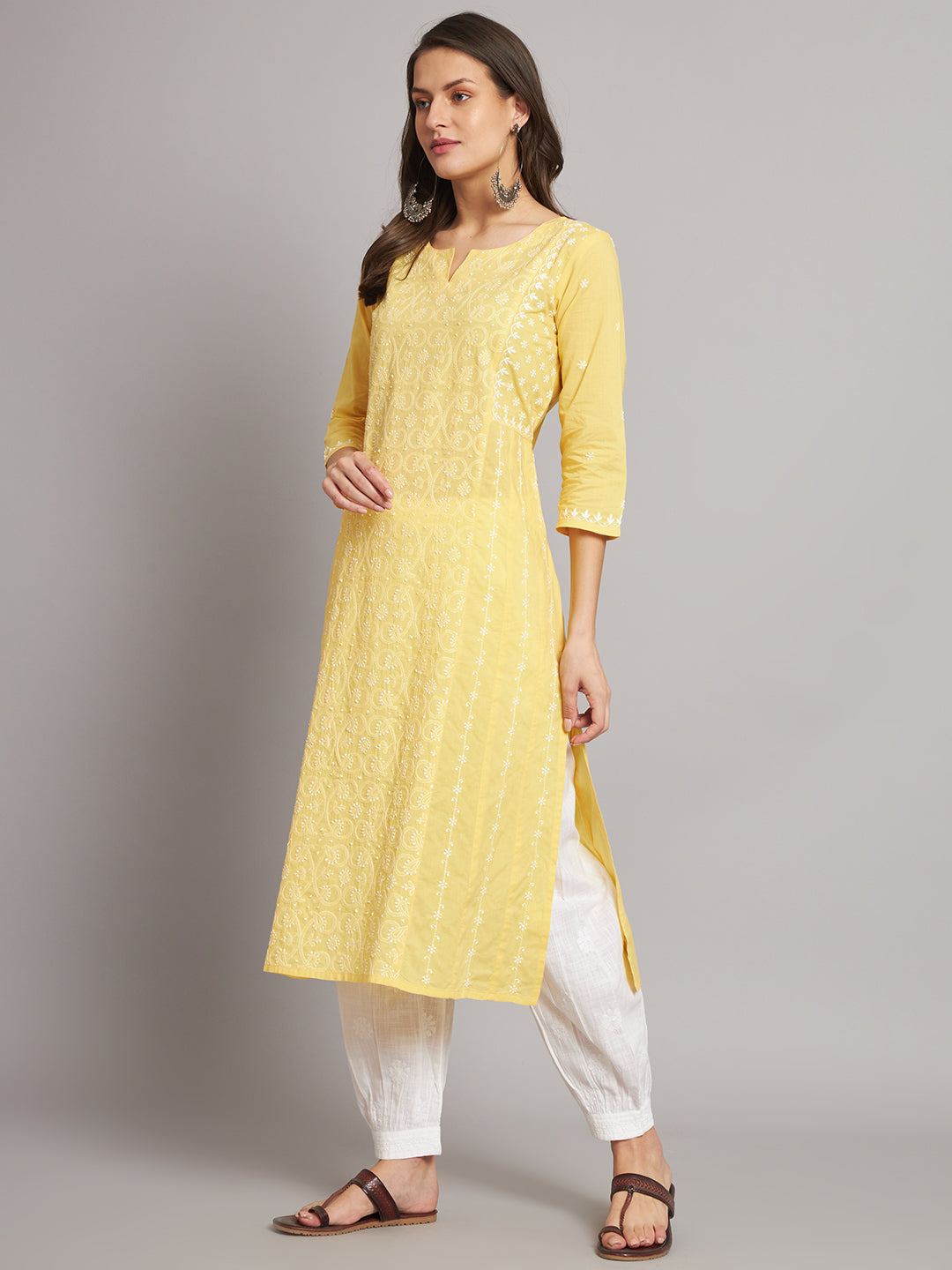 Yellow A-line Chikankari Kurta