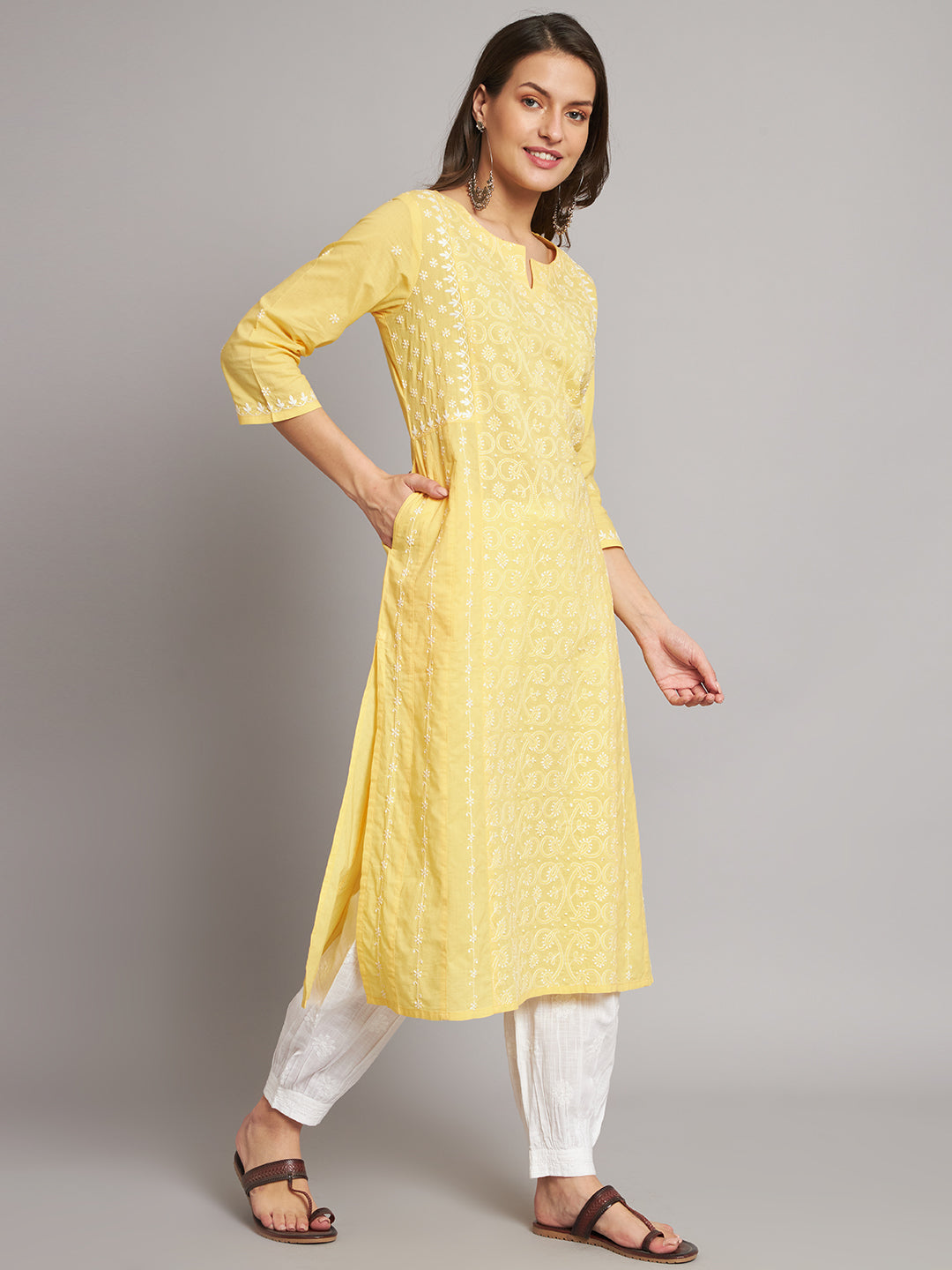Yellow A-line Chikankari Kurta