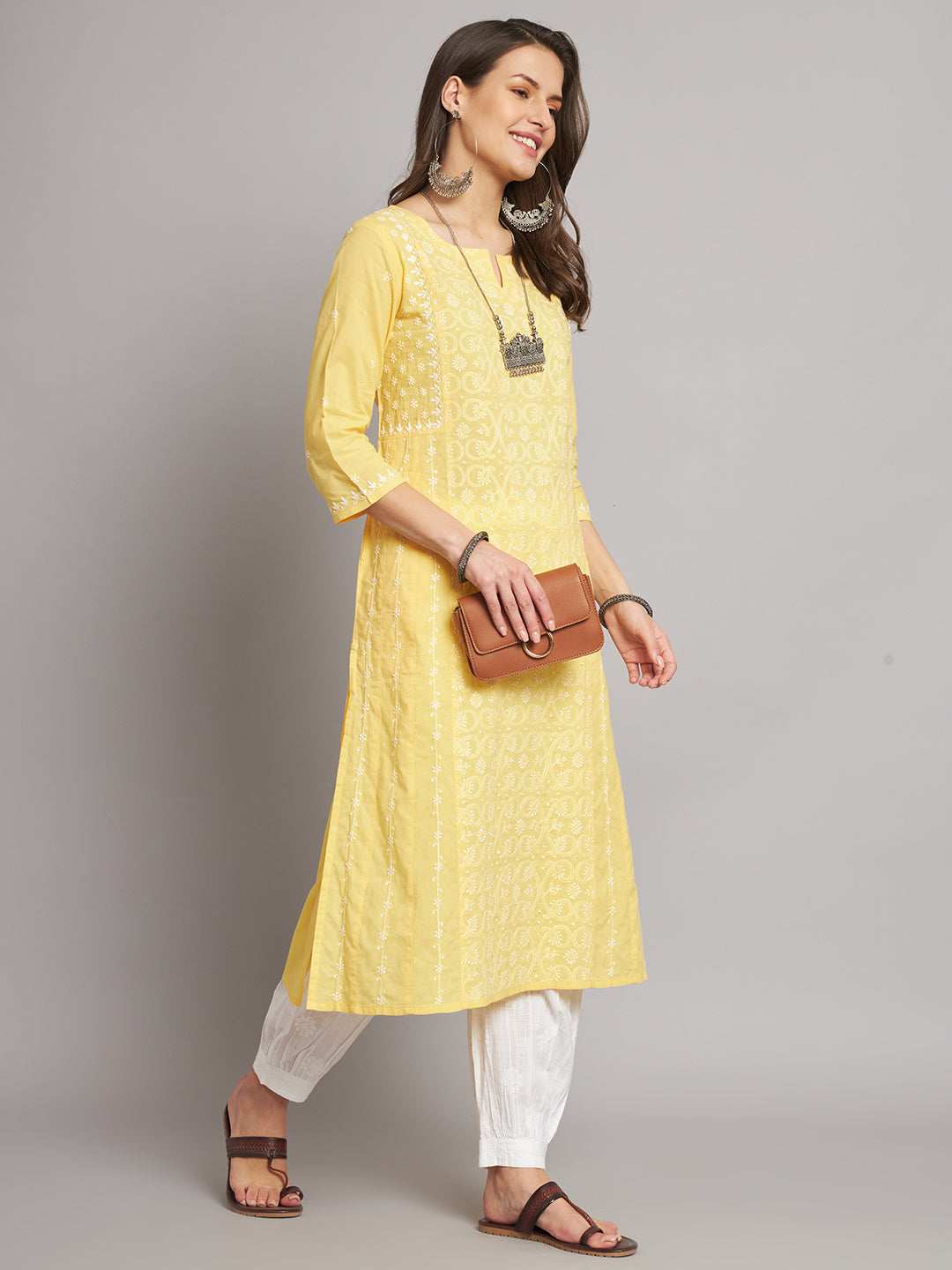 Yellow A-line Chikankari Kurta