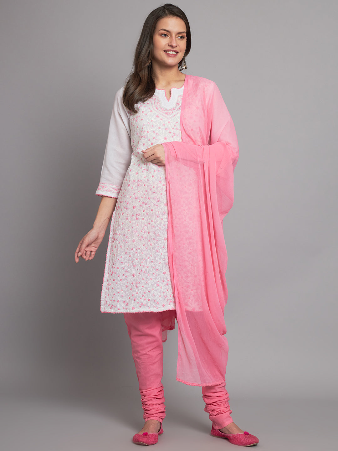 Pink and White Chikankari Suit-Set