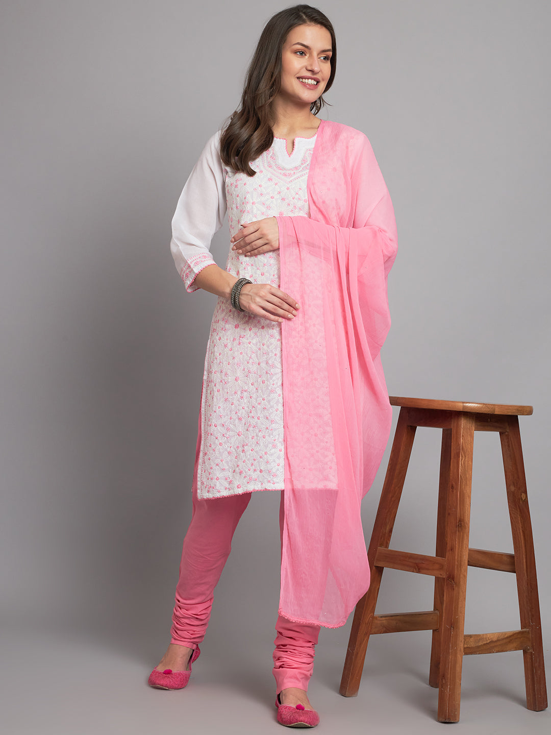 Pink and White Chikankari Suit-Set