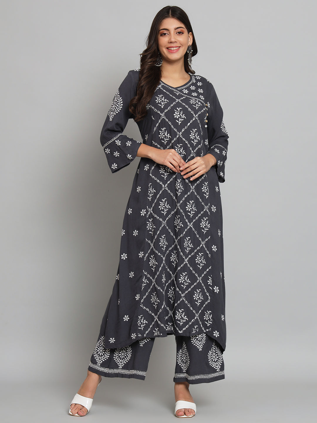Dark Grey Chikankari Kurta-Pant Set