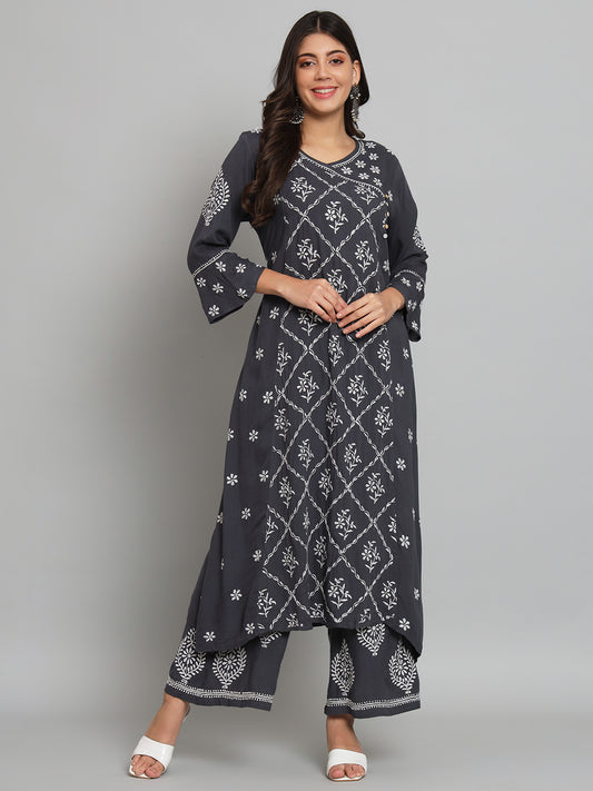 Dark Grey Chikankari Kurta-Pant Set