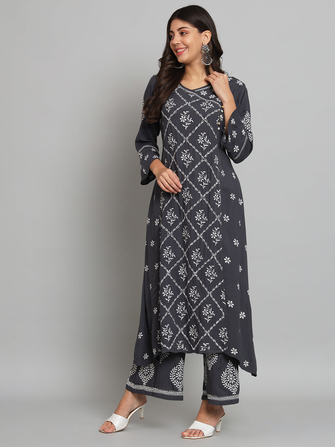 Dark Grey Chikankari Kurta-Pant Set