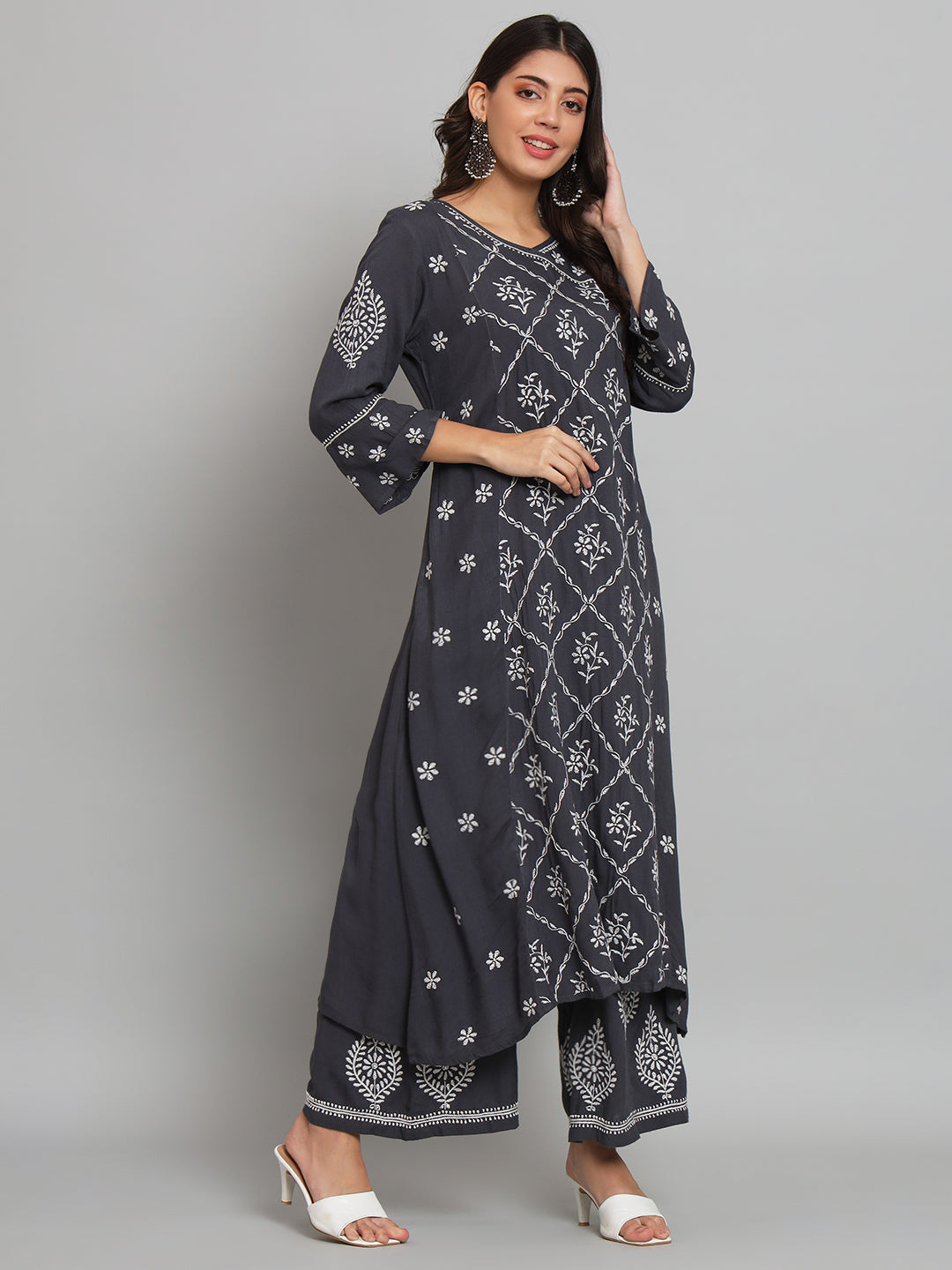 Dark Grey Chikankari Kurta-Pant Set