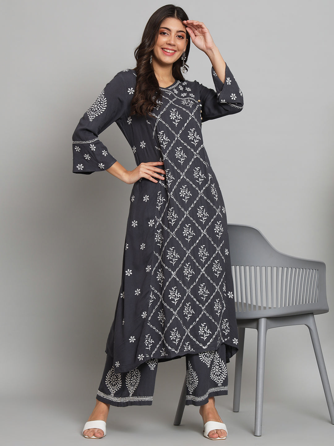Dark Grey Chikankari Kurta-Pant Set