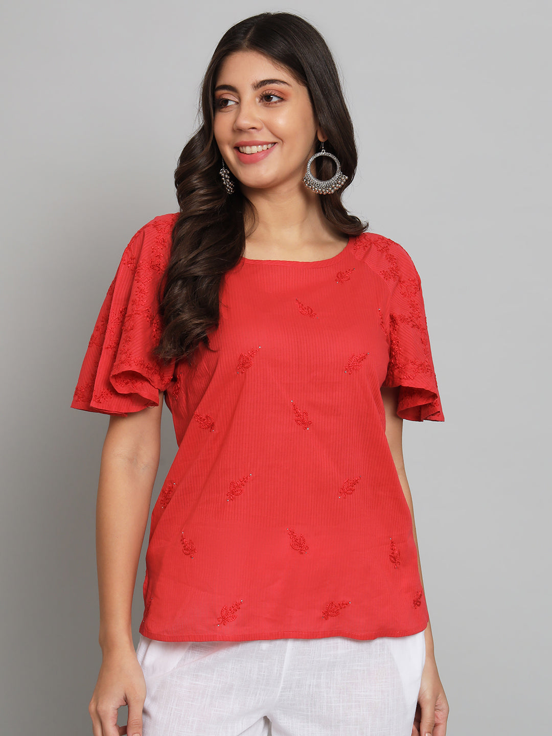 Red Chikankari Top with Raglan Sleeves