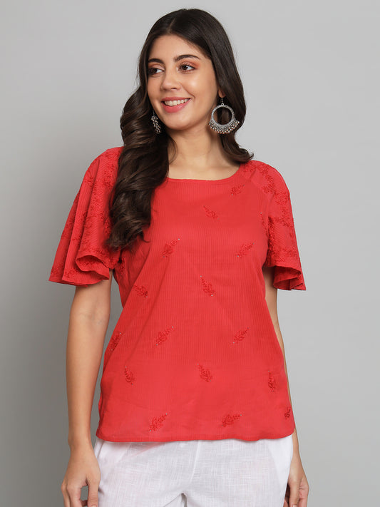 Red Chikankari Top with Raglan Sleeves