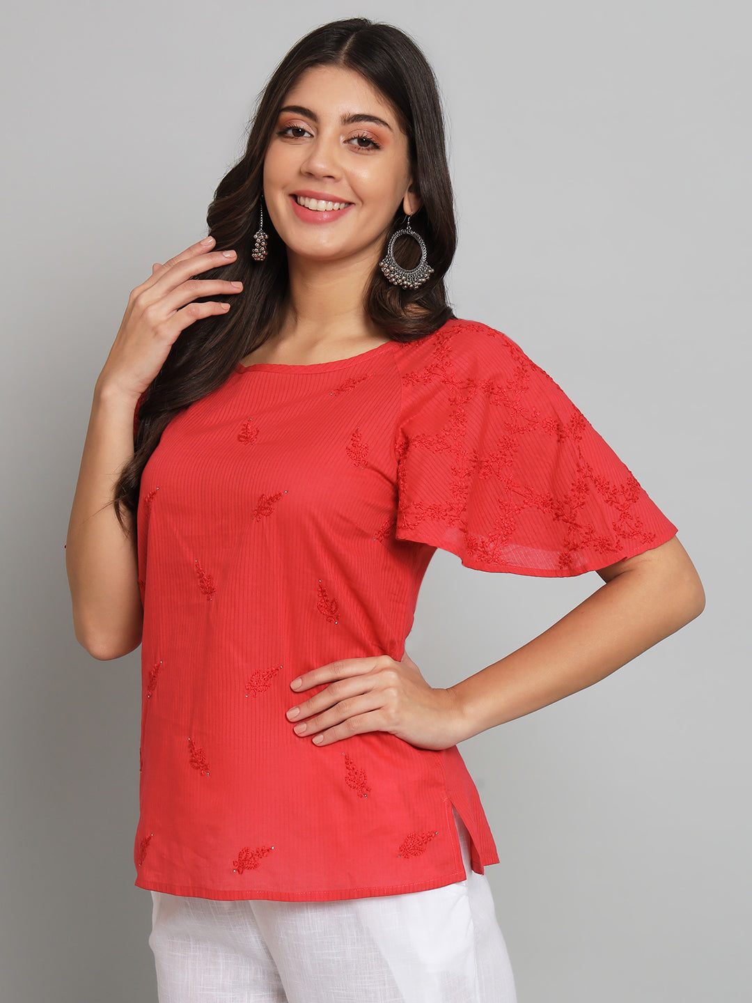 Red Chikankari Top with Raglan Sleeves