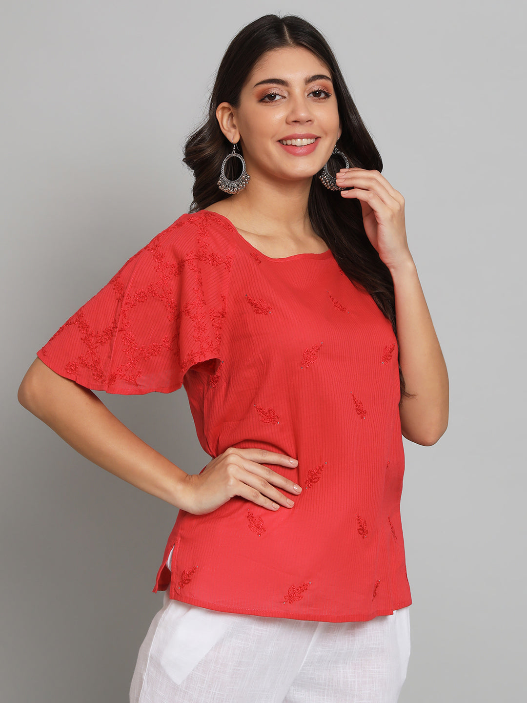 Red Chikankari Top with Raglan Sleeves