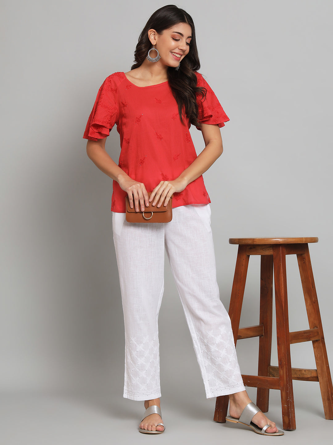 Red Chikankari Top with Raglan Sleeves
