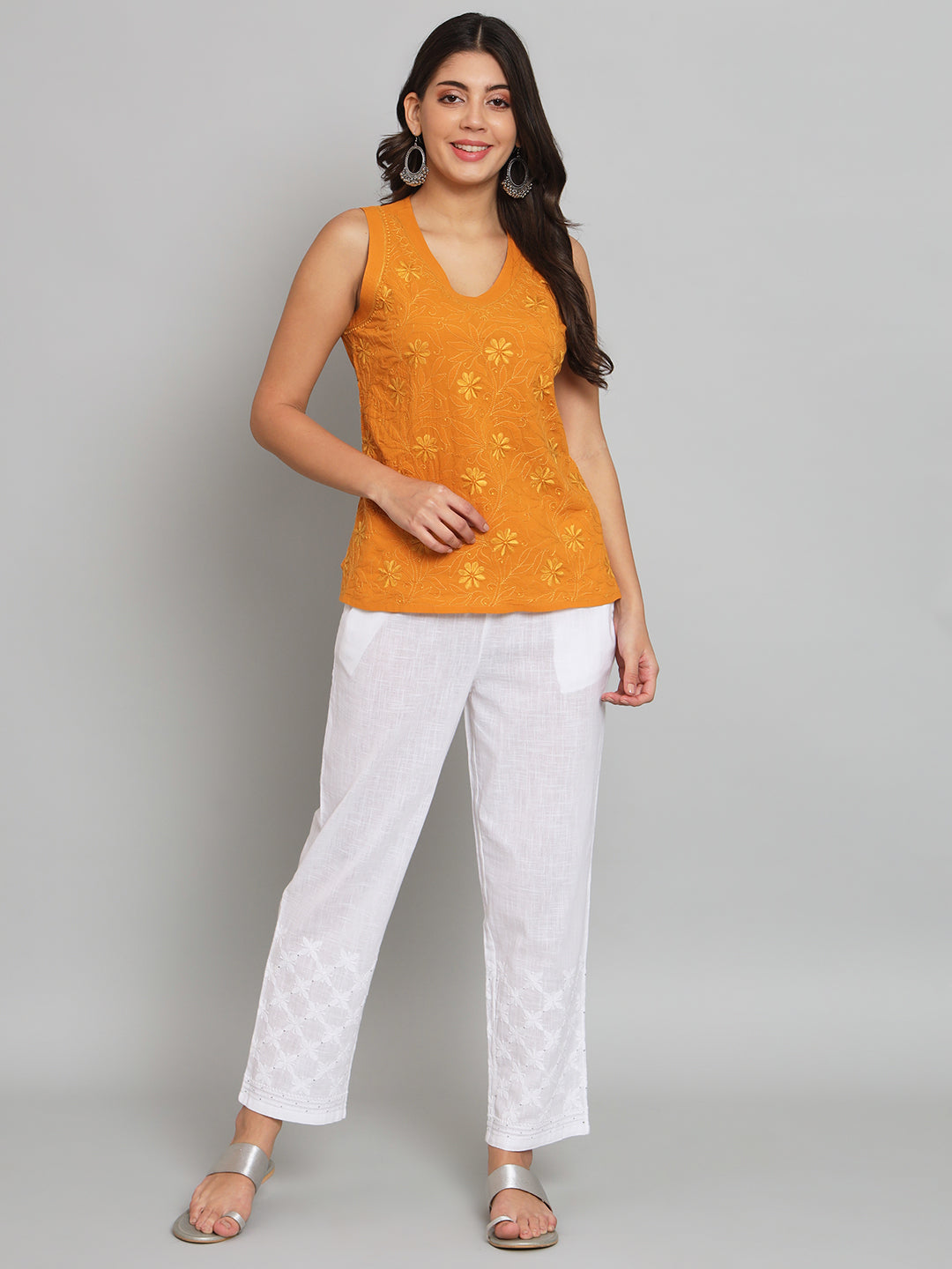 Mustard Chikankari Sleeveless Top