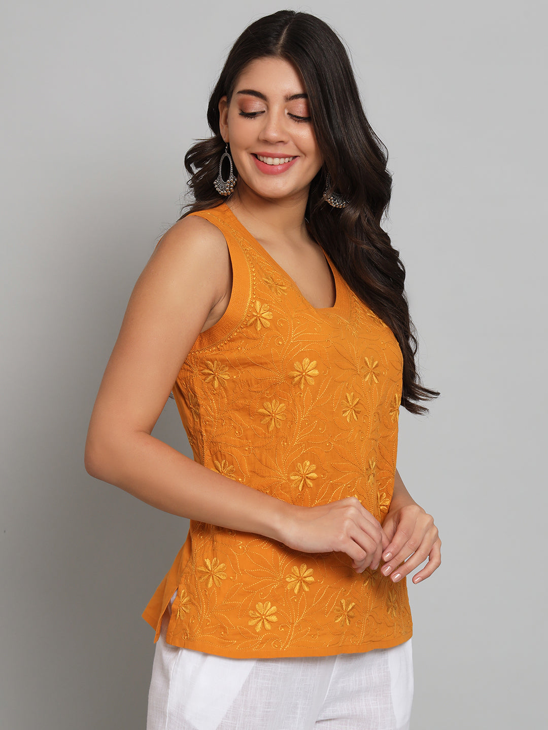 Mustard Chikankari Sleeveless Top