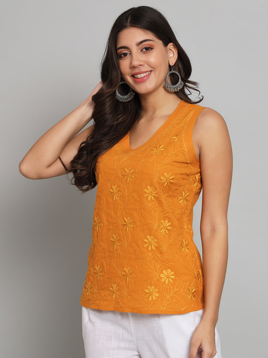 Mustard Chikankari Sleeveless Top