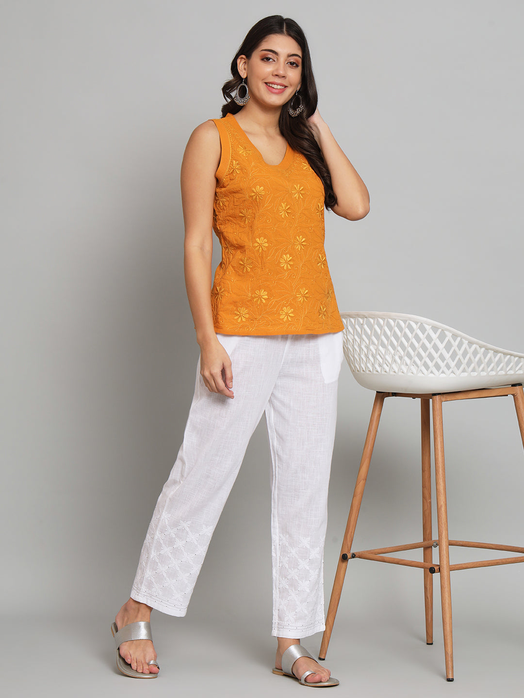 Mustard Chikankari Sleeveless Top