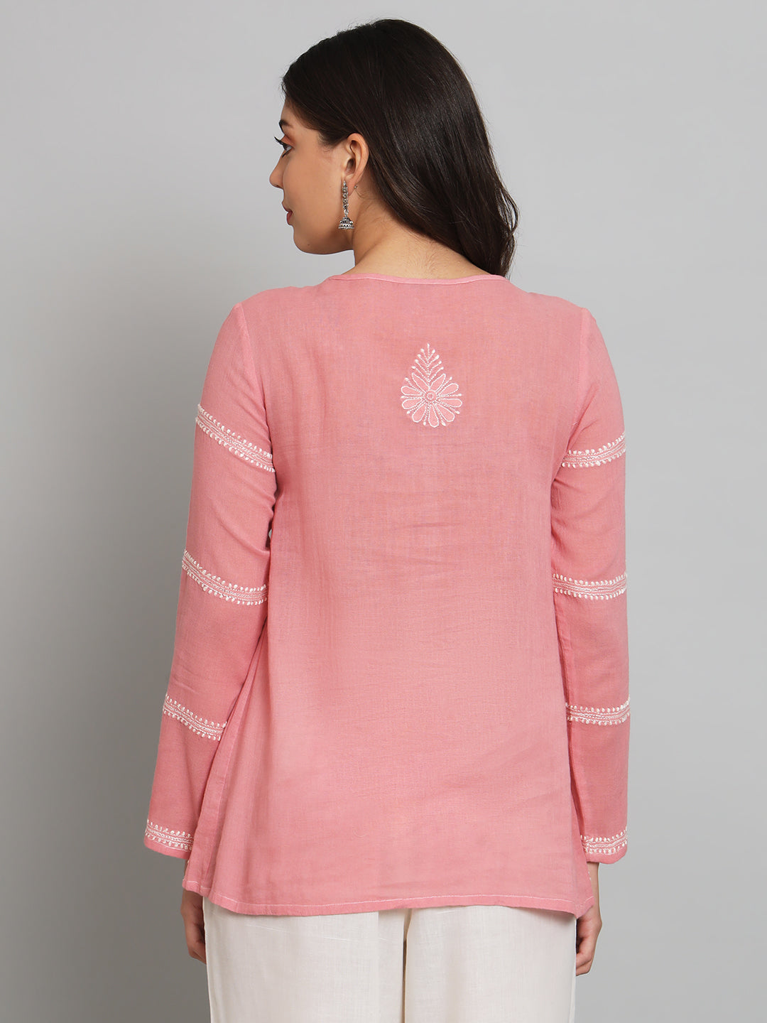293 Rose Pink Chikankari Top with Tie-ups